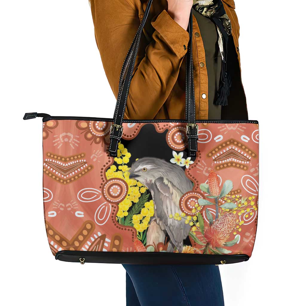 Australia Tawny Frogmouth Leather Tote Bag Golden Wattle Banksia Aboriginal Art - Aussie Hoodie