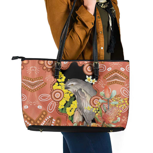 Australia Tawny Frogmouth Leather Tote Bag Golden Wattle Banksia Aboriginal Art - Aussie Hoodie