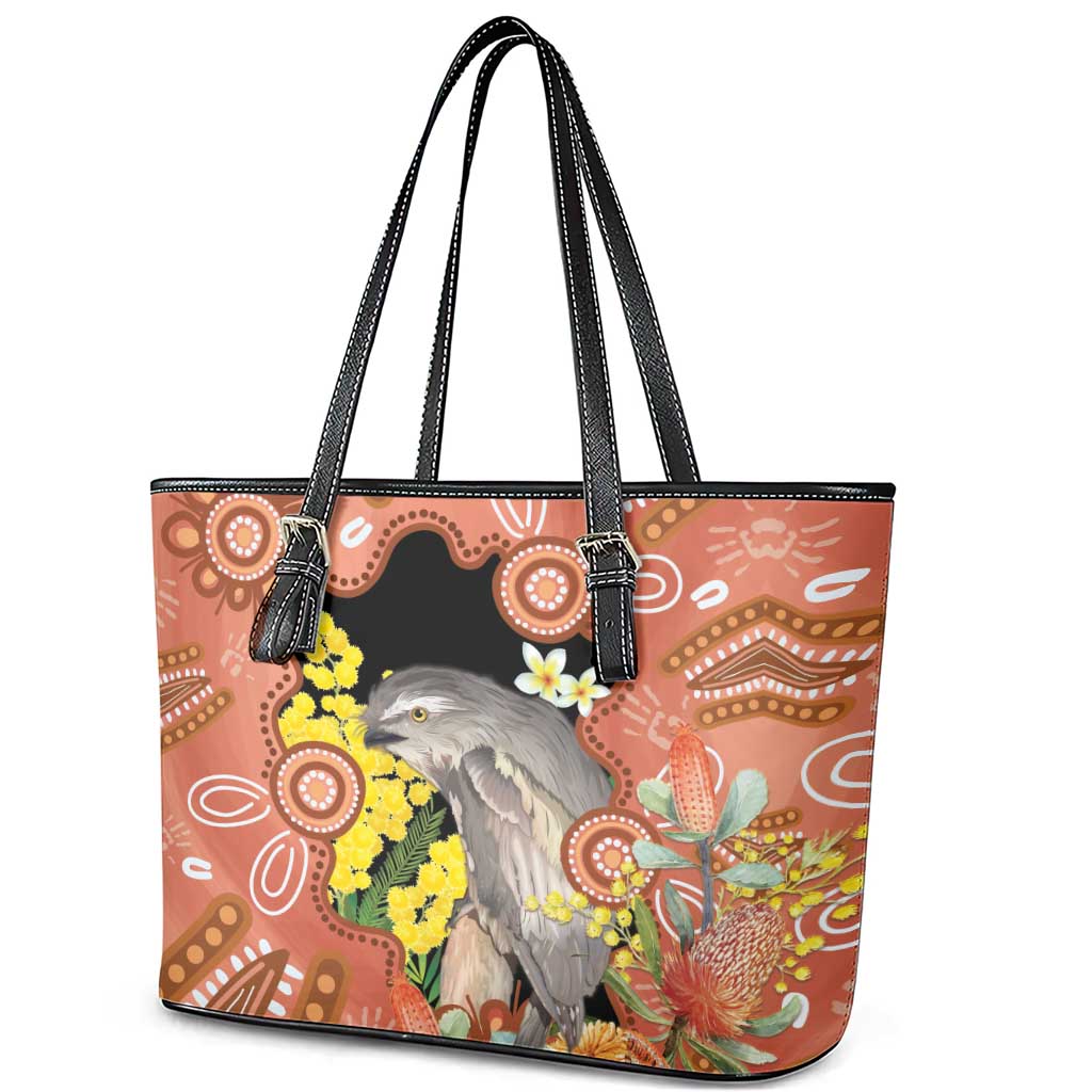 Australia Tawny Frogmouth Leather Tote Bag Golden Wattle Banksia Aboriginal Art - Aussie Hoodie