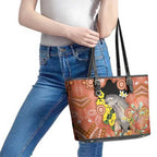 Australia Tawny Frogmouth Leather Tote Bag Golden Wattle Banksia Aboriginal Art - Aussie Hoodie
