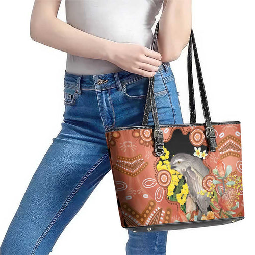 Australia Tawny Frogmouth Leather Tote Bag Golden Wattle Banksia Aboriginal Art - Aussie Hoodie