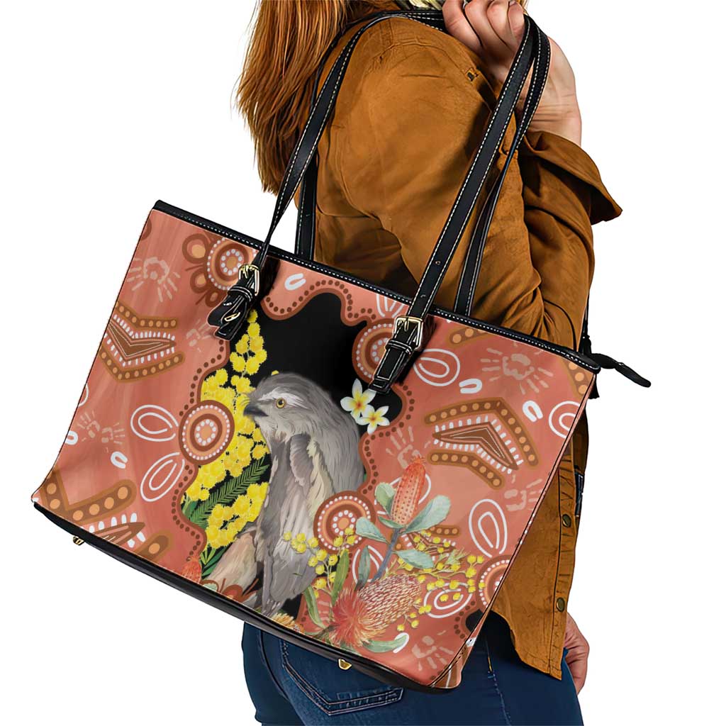 Australia Tawny Frogmouth Leather Tote Bag Golden Wattle Banksia Aboriginal Art - Aussie Hoodie