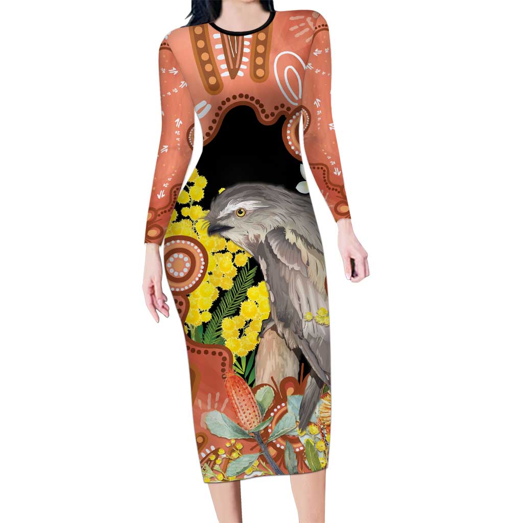 Australia Tawny Frogmouth Long Sleeve Bodycon Dress Golden Wattle Banksia Aboriginal Art - Aussie Hoodie