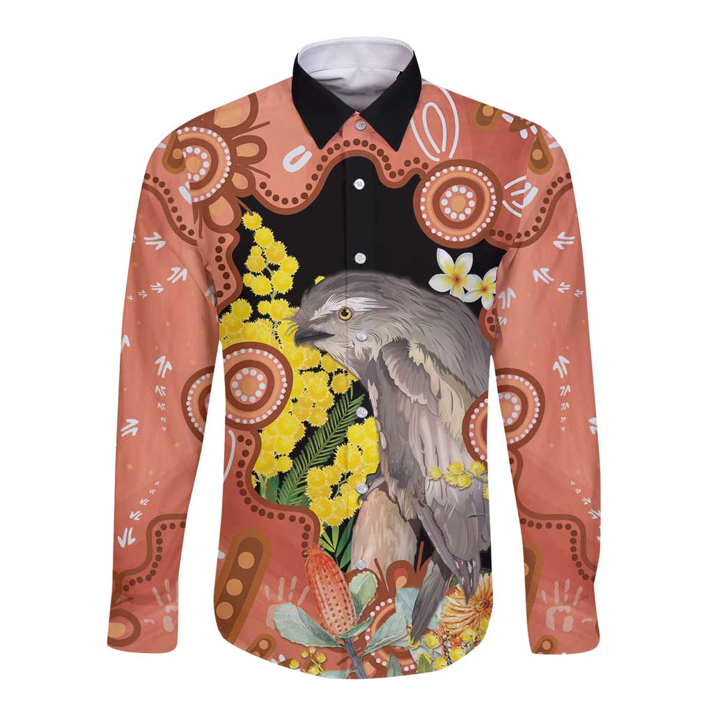 Australia Tawny Frogmouth Long Sleeve Button Shirt Golden Wattle Banksia Aboriginal Art - Aussie Hoodie