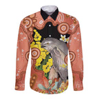 Australia Tawny Frogmouth Long Sleeve Button Shirt Golden Wattle Banksia Aboriginal Art - Aussie Hoodie