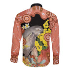 Australia Tawny Frogmouth Long Sleeve Button Shirt Golden Wattle Banksia Aboriginal Art - Aussie Hoodie