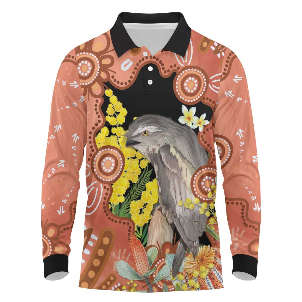 Australia Tawny Frogmouth Long Sleeve Polo Shirt Golden Wattle Banksia Aboriginal Art - Aussie Hoodie