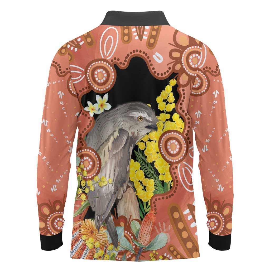 Australia Tawny Frogmouth Long Sleeve Polo Shirt Golden Wattle Banksia Aboriginal Art - Aussie Hoodie
