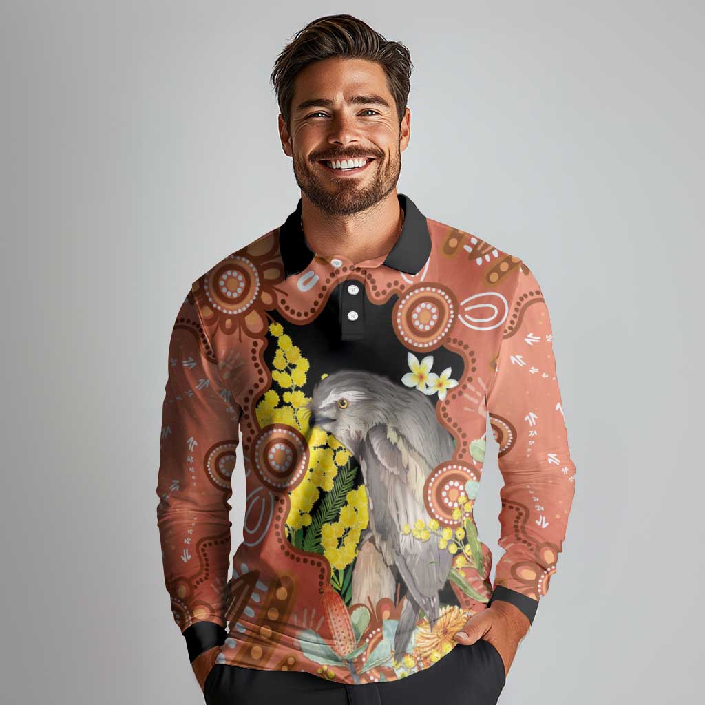 Australia Tawny Frogmouth Long Sleeve Polo Shirt Golden Wattle Banksia Aboriginal Art - Aussie Hoodie