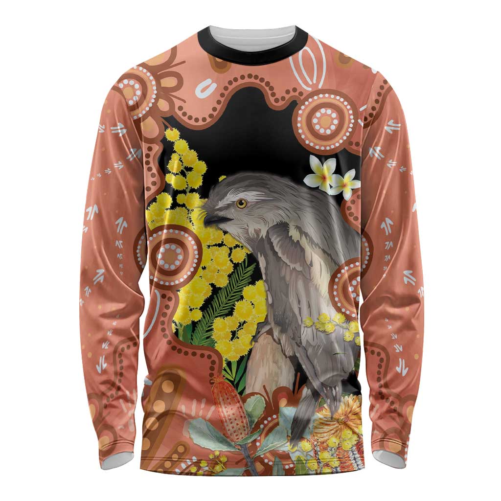 Australia Tawny Frogmouth Long Sleeve Shirt Golden Wattle Banksia Aboriginal Art - Aussie Hoodie