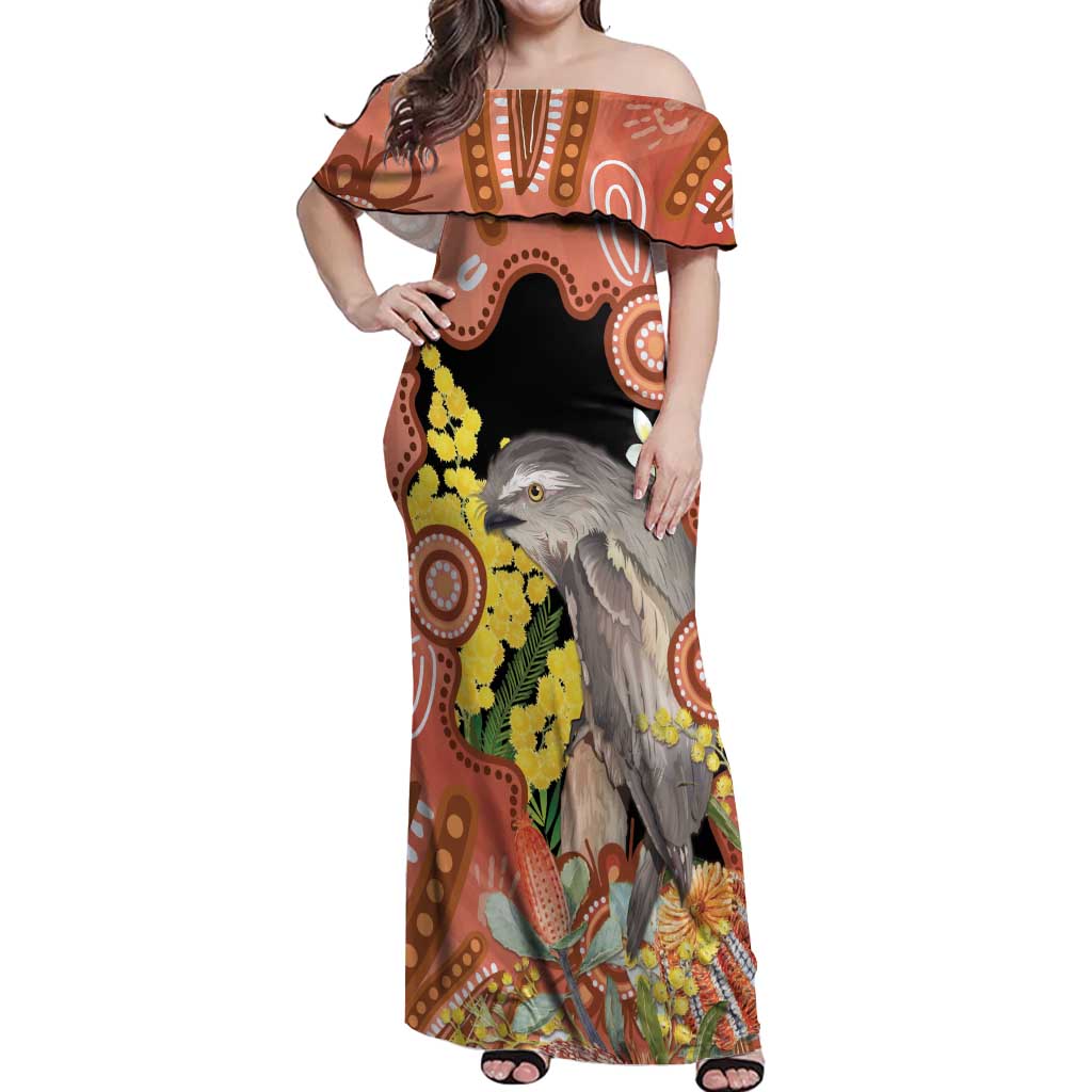 Australia Tawny Frogmouth Off Shoulder Maxi Dress Golden Wattle Banksia Aboriginal Art - Aussie Hoodie