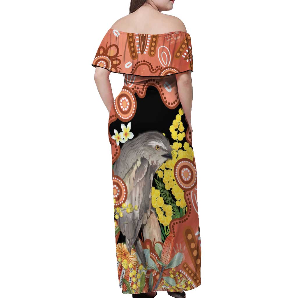 Australia Tawny Frogmouth Off Shoulder Maxi Dress Golden Wattle Banksia Aboriginal Art - Aussie Hoodie