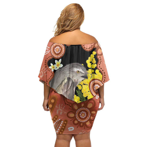 Australia Tawny Frogmouth Off Shoulder Short Dress Golden Wattle Banksia Aboriginal Art - Aussie Hoodie