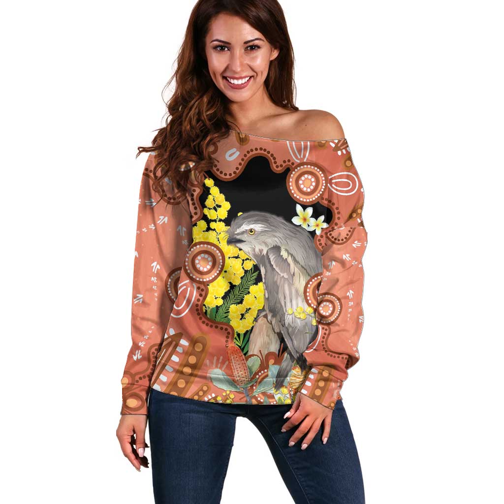 Australia Tawny Frogmouth Off Shoulder Sweater Golden Wattle Banksia Aboriginal Art - Aussie Hoodie