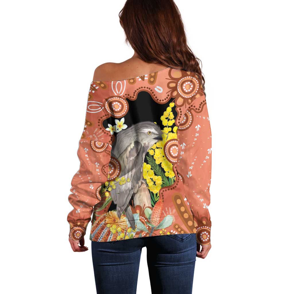 Australia Tawny Frogmouth Off Shoulder Sweater Golden Wattle Banksia Aboriginal Art - Aussie Hoodie