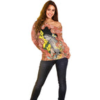 Australia Tawny Frogmouth Off Shoulder Sweater Golden Wattle Banksia Aboriginal Art - Aussie Hoodie