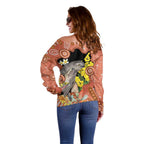 Australia Tawny Frogmouth Off Shoulder Sweater Golden Wattle Banksia Aboriginal Art - Aussie Hoodie