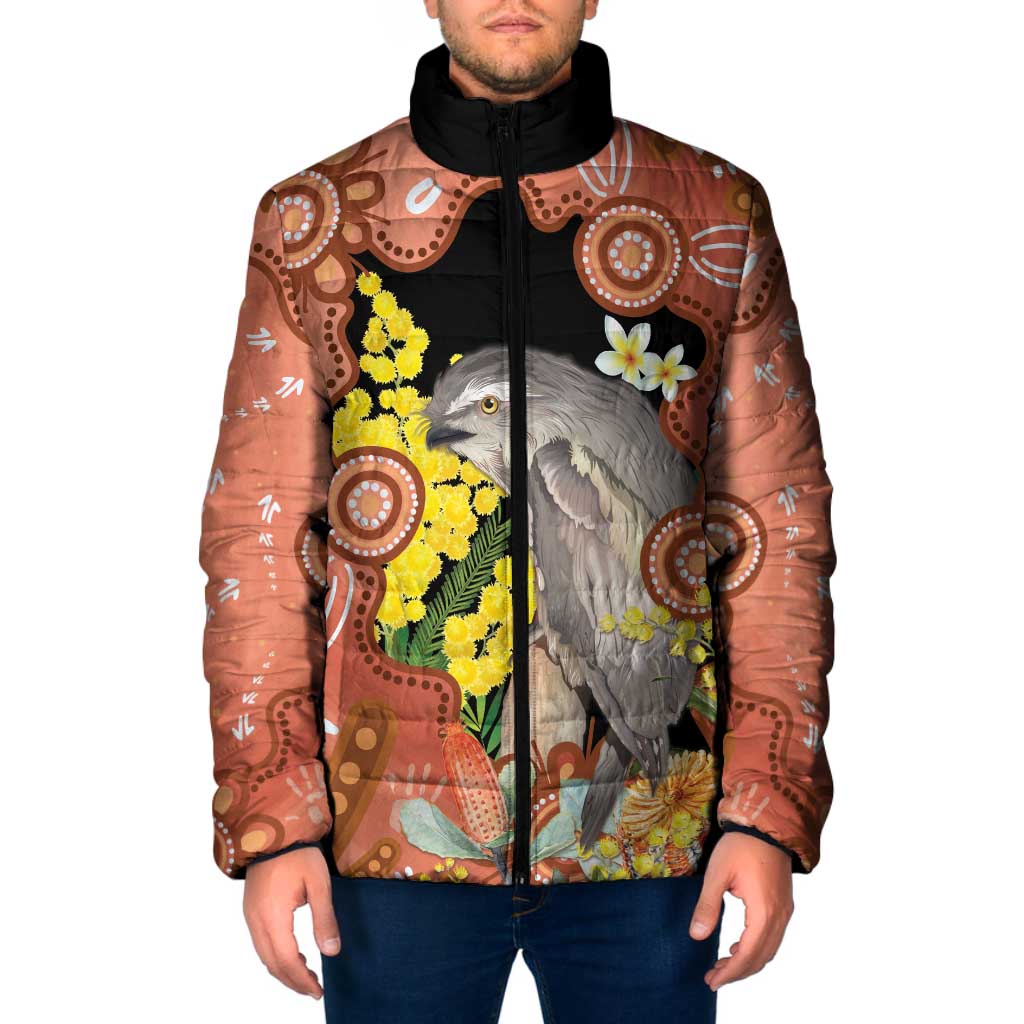 Australia Tawny Frogmouth Padded Jacket Golden Wattle Banksia Aboriginal Art - Aussie Hoodie