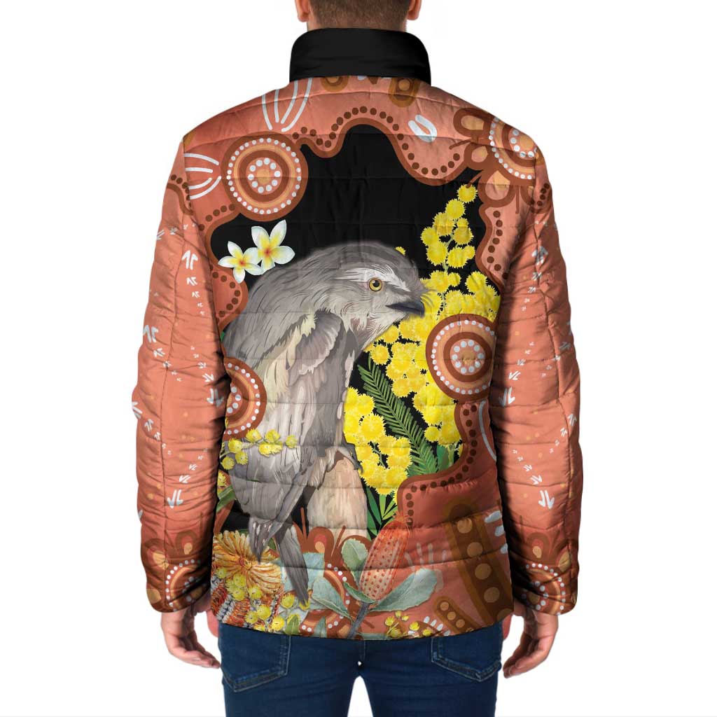 Australia Tawny Frogmouth Padded Jacket Golden Wattle Banksia Aboriginal Art - Aussie Hoodie