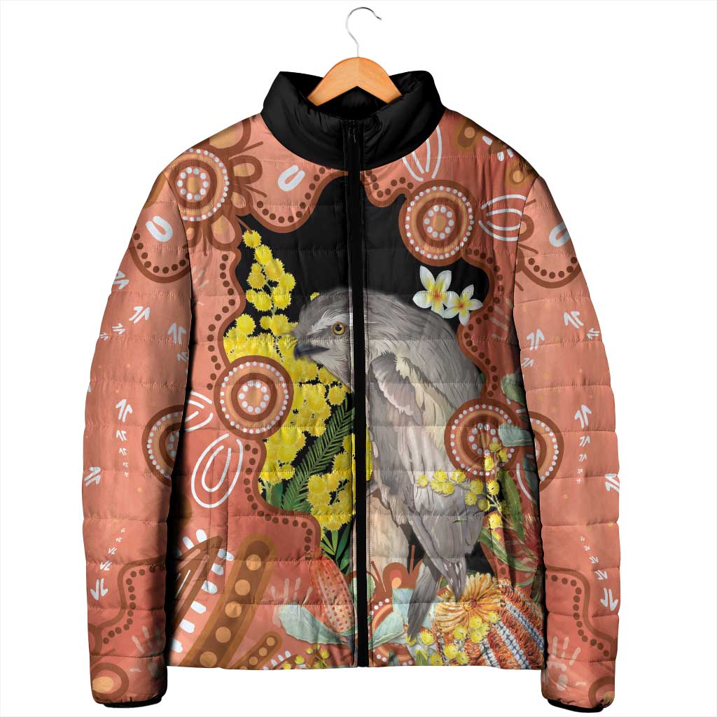 Australia Tawny Frogmouth Padded Jacket Golden Wattle Banksia Aboriginal Art - Aussie Hoodie