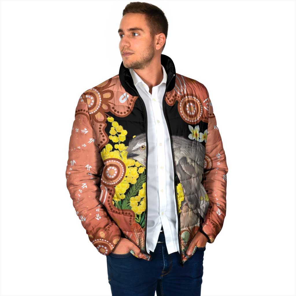 Australia Tawny Frogmouth Padded Jacket Golden Wattle Banksia Aboriginal Art - Aussie Hoodie