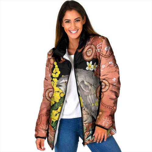 Australia Tawny Frogmouth Padded Jacket Golden Wattle Banksia Aboriginal Art - Aussie Hoodie