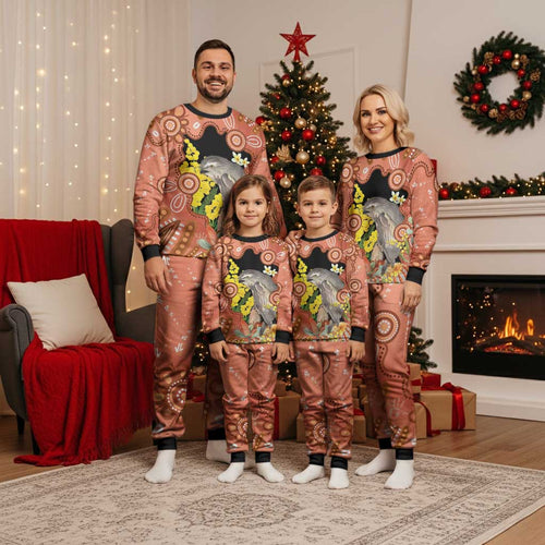 Australia Tawny Frogmouth Christmas Pajama Set Golden Wattle Banksia Aboriginal Art - Aussie Hoodie