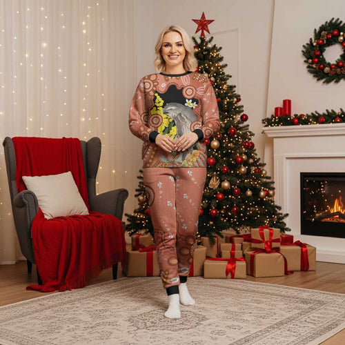 Australia Tawny Frogmouth Christmas Pajama Set Golden Wattle Banksia Aboriginal Art - Aussie Hoodie