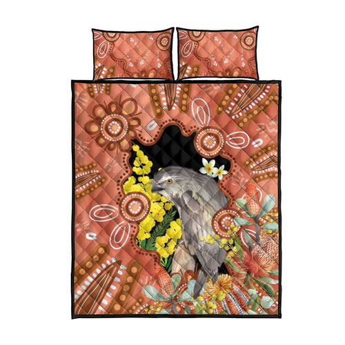 Australia Tawny Frogmouth Quilt Bed Set Golden Wattle Banksia Aboriginal Art - Aussie Hoodie