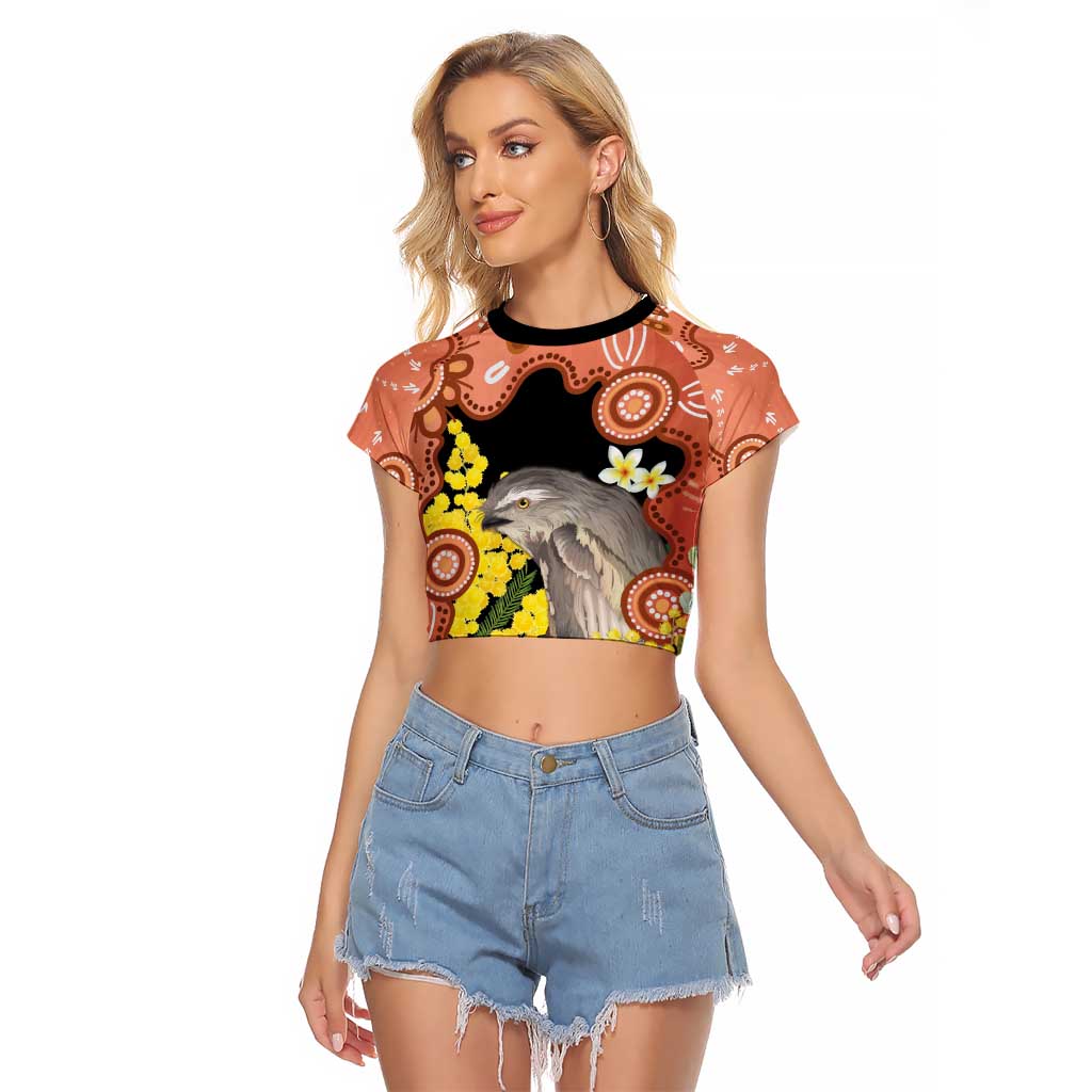 Australia Tawny Frogmouth Raglan Cropped T Shirt Golden Wattle Banksia Aboriginal Art - Aussie Hoodie