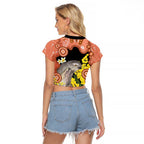 Australia Tawny Frogmouth Raglan Cropped T Shirt Golden Wattle Banksia Aboriginal Art - Aussie Hoodie