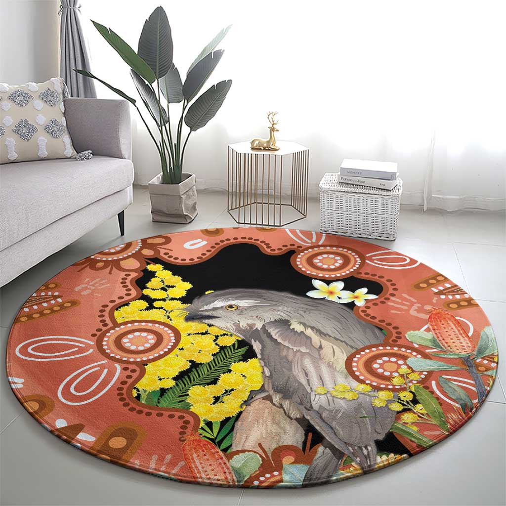 Australia Tawny Frogmouth Round Carpet Golden Wattle Banksia Aboriginal Art - Aussie Hoodie