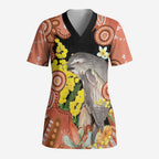 Australia Tawny Frogmouth Scrub Top Golden Wattle Banksia Aboriginal Art - Aussie Hoodie