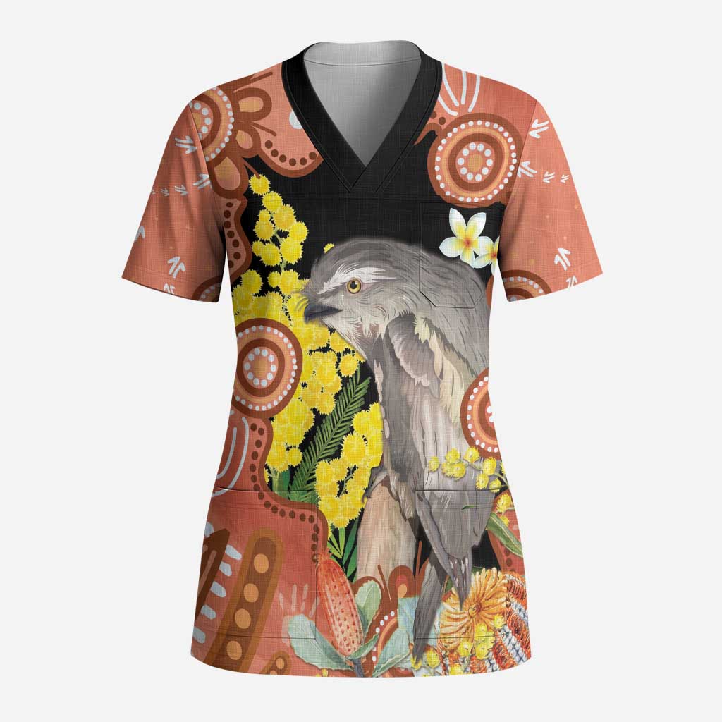Australia Tawny Frogmouth Scrub Top Golden Wattle Banksia Aboriginal Art - Aussie Hoodie