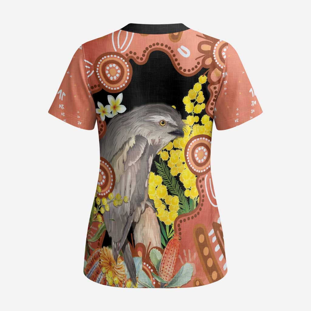 Australia Tawny Frogmouth Scrub Top Golden Wattle Banksia Aboriginal Art - Aussie Hoodie