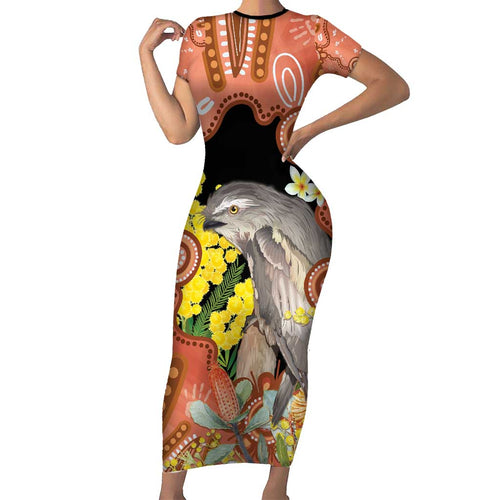 Australia Tawny Frogmouth Short Sleeve Bodycon Dress Golden Wattle Banksia Aboriginal Art - Aussie Hoodie