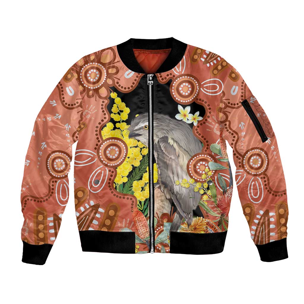 Australia Tawny Frogmouth Sleeve Zip Bomber Jacket Golden Wattle Banksia Aboriginal Art - Aussie Hoodie