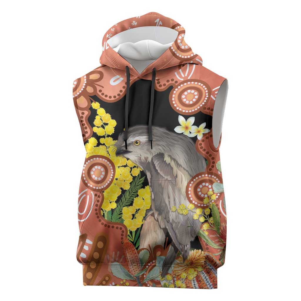 Australia Tawny Frogmouth Sleeveless Hoodie Golden Wattle Banksia Aboriginal Art - Aussie Hoodie