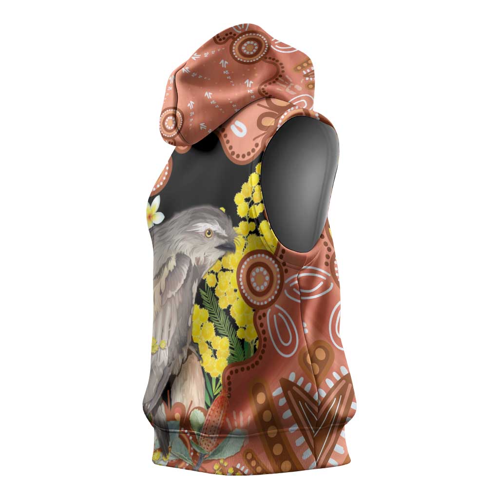 Australia Tawny Frogmouth Sleeveless Hoodie Golden Wattle Banksia Aboriginal Art - Aussie Hoodie