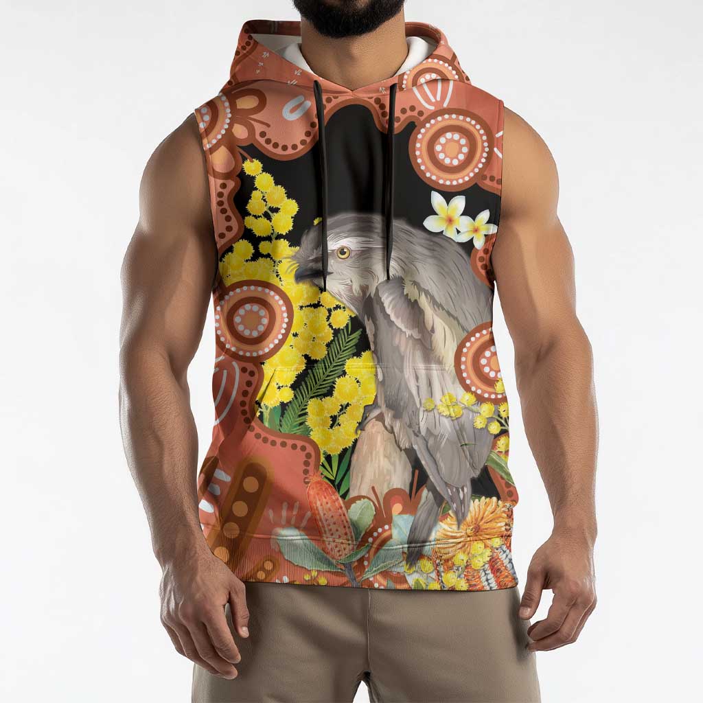 Australia Tawny Frogmouth Sleeveless Hoodie Golden Wattle Banksia Aboriginal Art - Aussie Hoodie