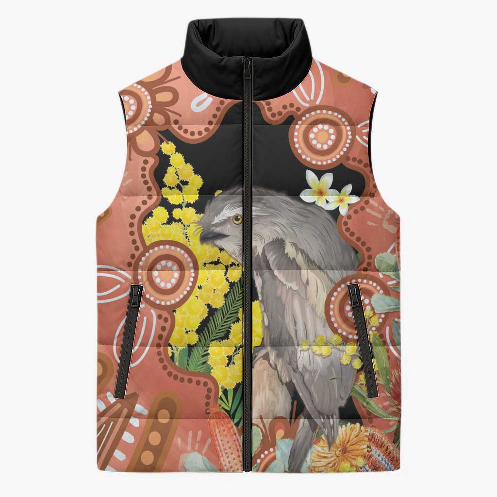 Australia Tawny Frogmouth Sleeveless Puffer Jacket Golden Wattle Banksia Aboriginal Art - Aussie Hoodie