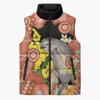 Australia Tawny Frogmouth Sleeveless Puffer Jacket Golden Wattle Banksia Aboriginal Art - Aussie Hoodie