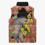 Australia Tawny Frogmouth Sleeveless Puffer Jacket Golden Wattle Banksia Aboriginal Art - Aussie Hoodie