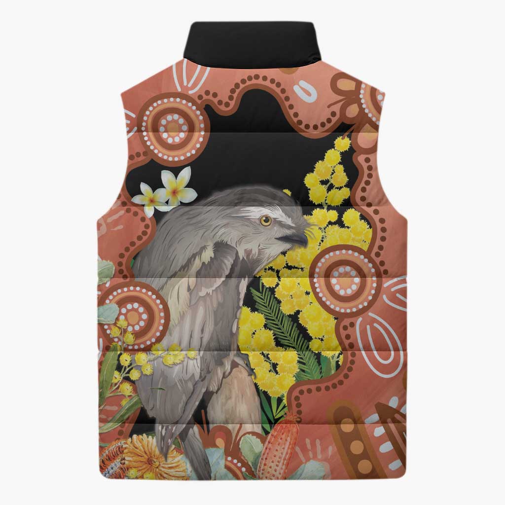 Australia Tawny Frogmouth Sleeveless Puffer Jacket Golden Wattle Banksia Aboriginal Art - Aussie Hoodie
