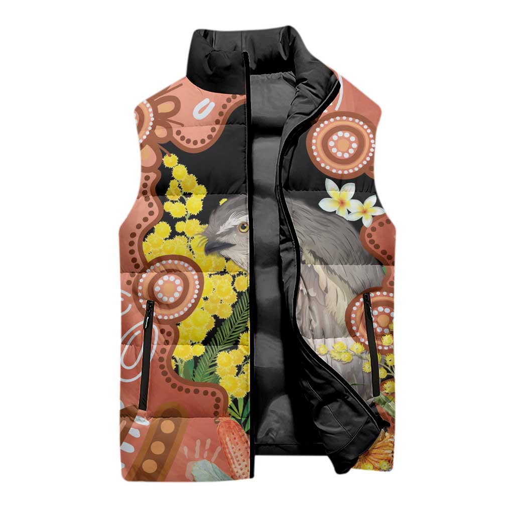 Australia Tawny Frogmouth Sleeveless Puffer Jacket Golden Wattle Banksia Aboriginal Art - Aussie Hoodie