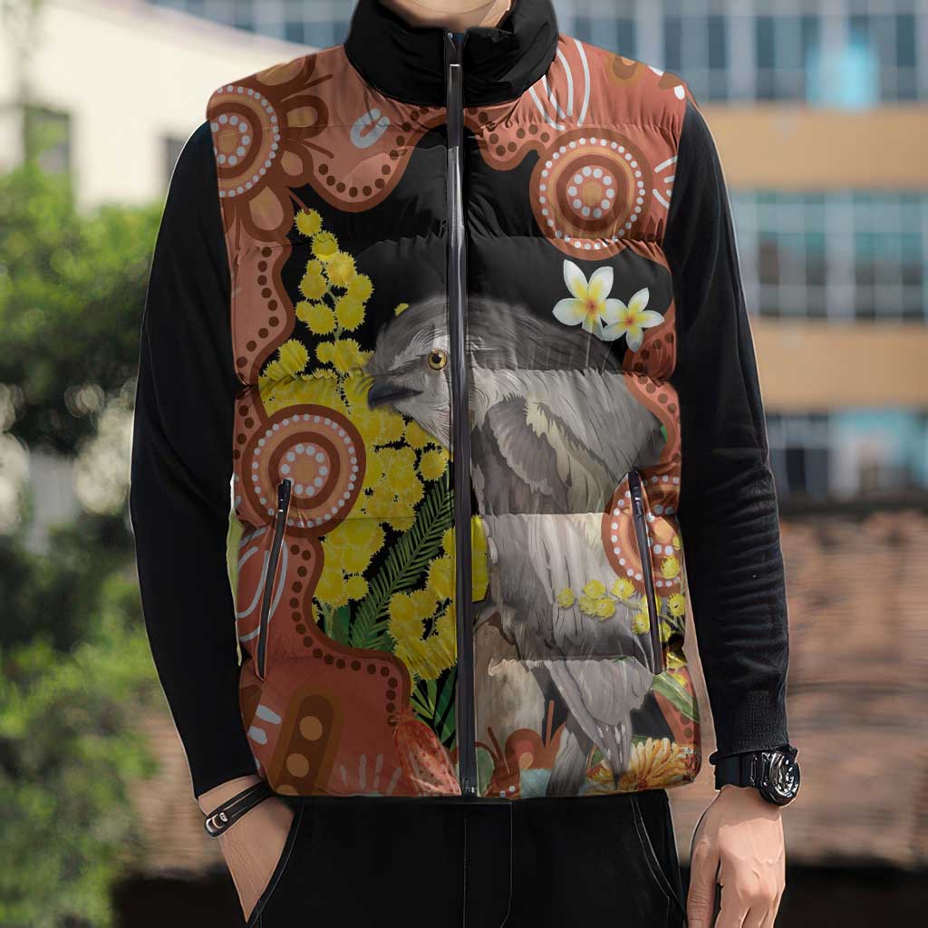 Australia Tawny Frogmouth Sleeveless Puffer Jacket Golden Wattle Banksia Aboriginal Art - Aussie Hoodie