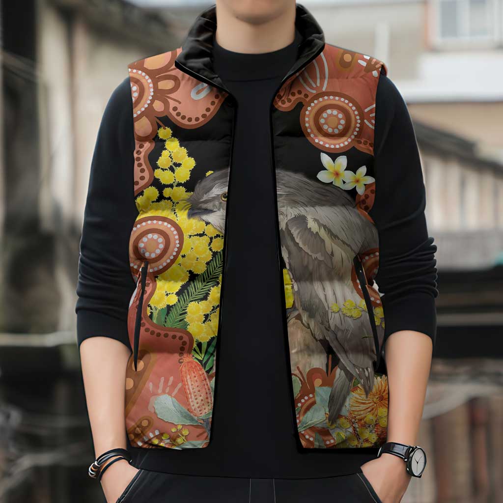 Australia Tawny Frogmouth Sleeveless Puffer Jacket Golden Wattle Banksia Aboriginal Art - Aussie Hoodie