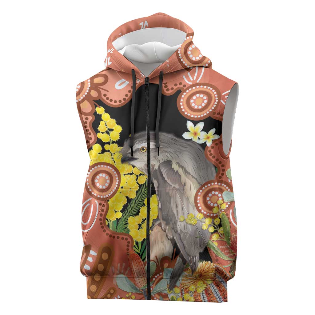 Australia Tawny Frogmouth Sleeveless Zip Hoodie Golden Wattle Banksia Aboriginal Art LT14