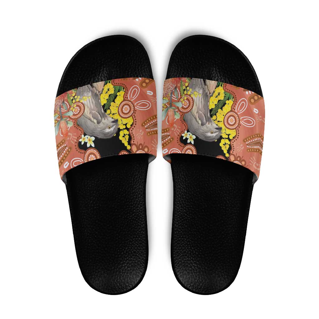 Australia Tawny Frogmouth Slide Sandals Golden Wattle Banksia Aboriginal Art - Aussie Hoodie