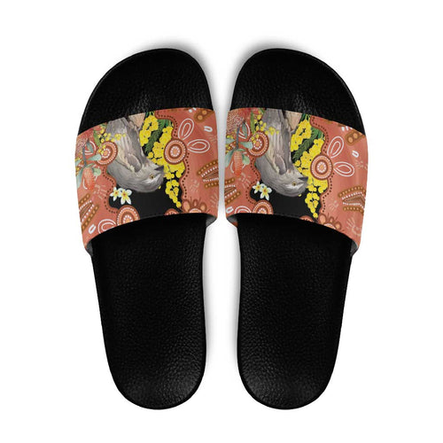 Australia Tawny Frogmouth Slide Sandals Golden Wattle Banksia Aboriginal Art - Aussie Hoodie